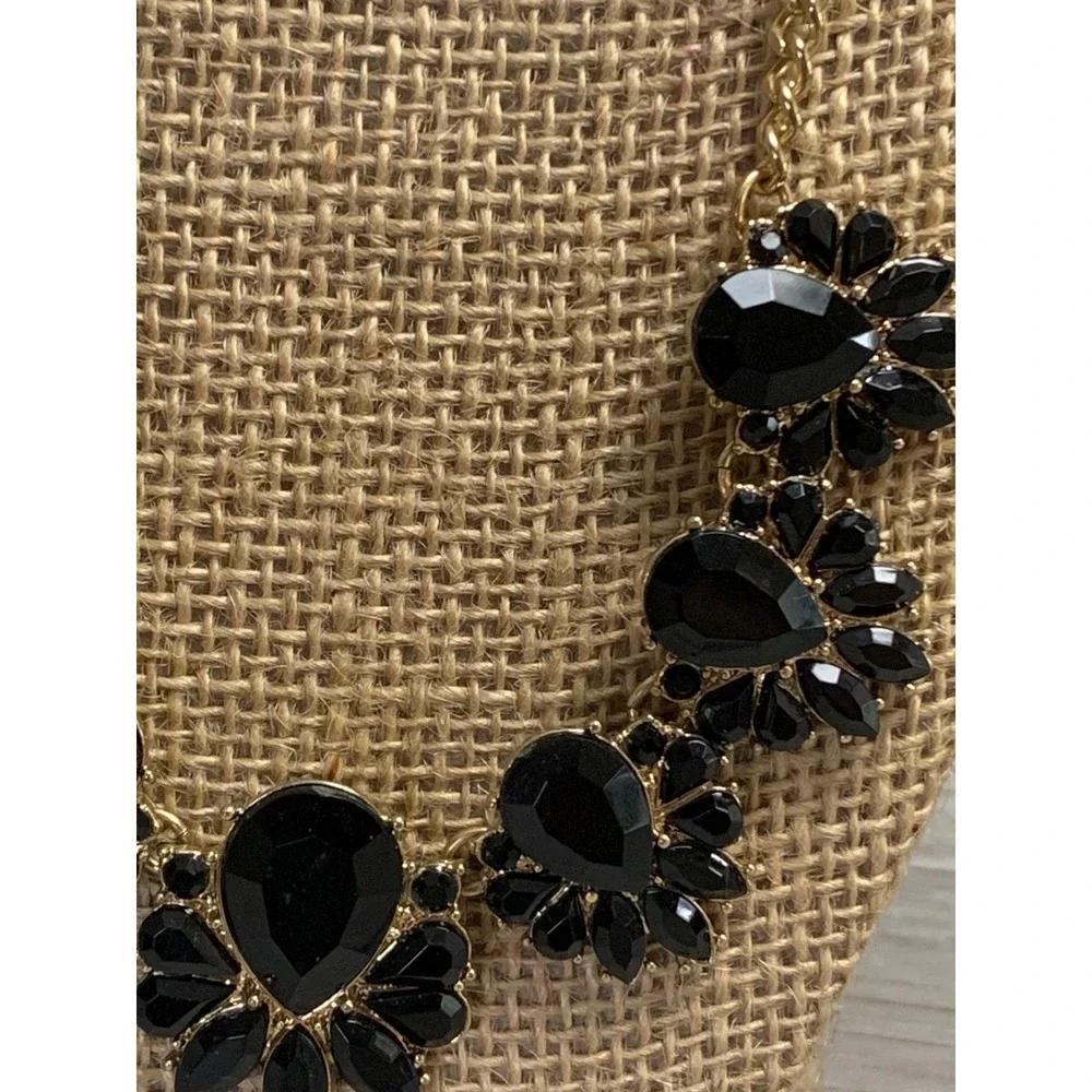 Black Gold Tone Statement Bib Necklace Faux Onyx Teardrop Crystal Collar‎ 16in